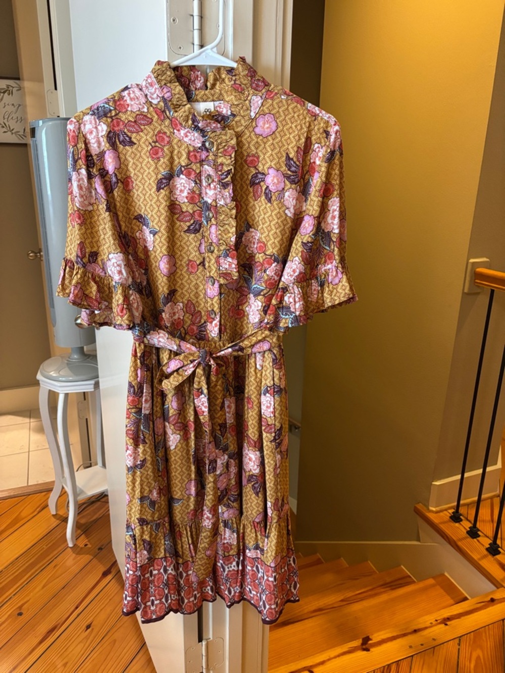 The cutest Uncle Frank Dress Tie-Waist Dress in Mustard with Pink Blooms. NWOT